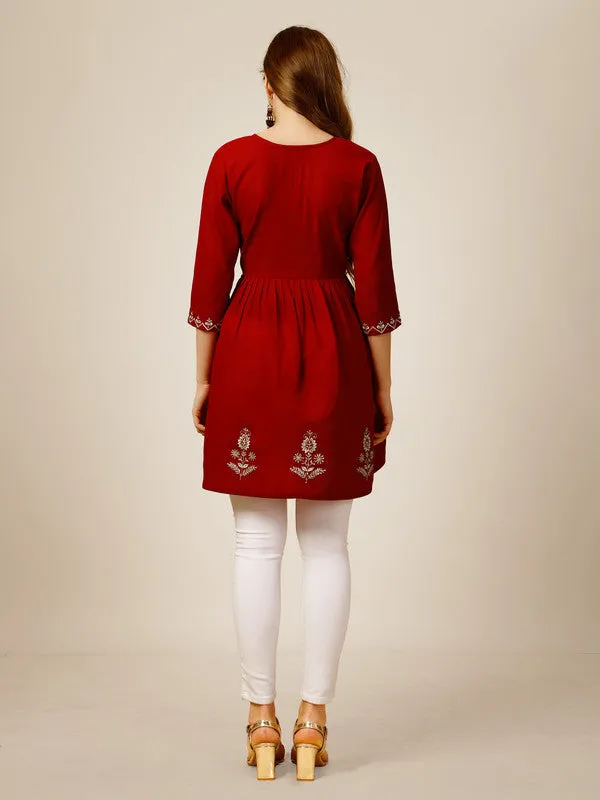 Womens Embroidered A-Line Red Tunic