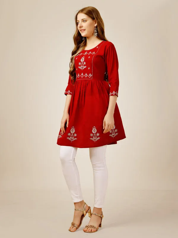 Womens Embroidered A-Line Red Tunic