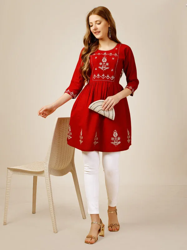 Womens Embroidered A-Line Red Tunic