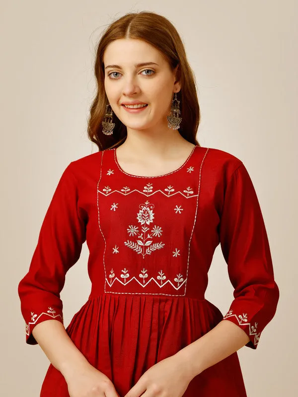 Womens Embroidered A-Line Red Tunic