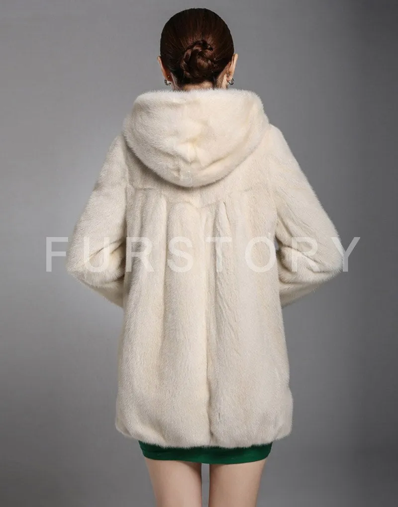 Women's Genuine Mink Fur Coat Women with Big Trim Hood Winter jacket 16043