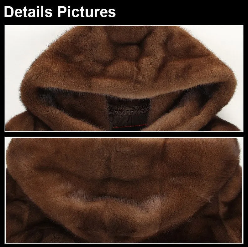 Women's Genuine Mink Fur Coat Women with Big Trim Hood Winter jacket 16043