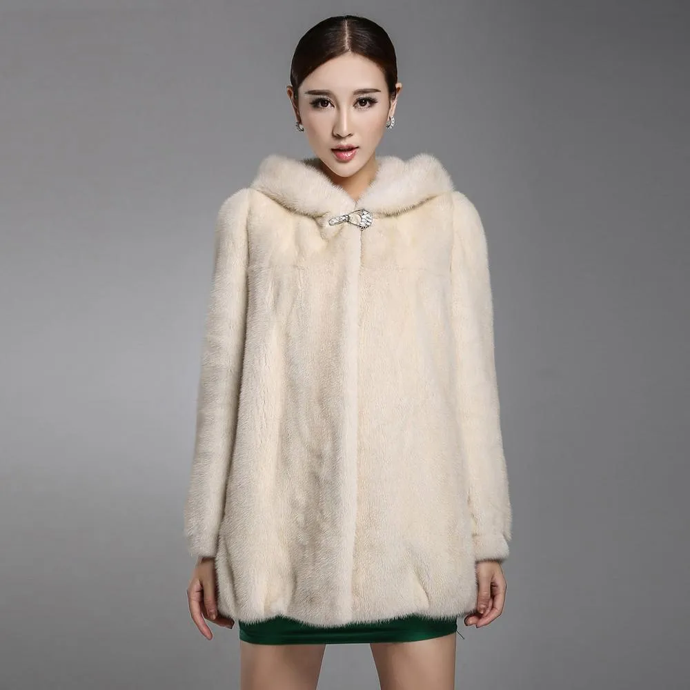 Women's Genuine Mink Fur Coat Women with Big Trim Hood Winter jacket 16043