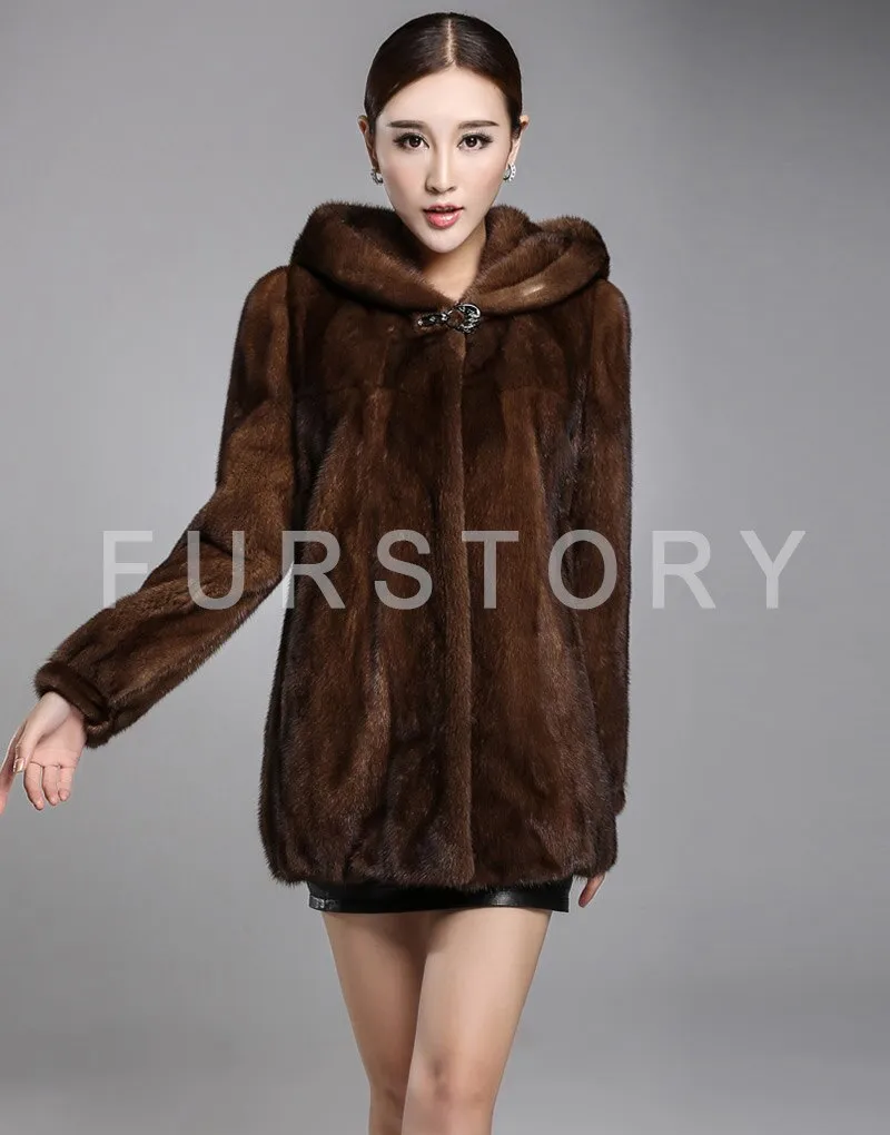 Women's Genuine Mink Fur Coat Women with Big Trim Hood Winter jacket 16043