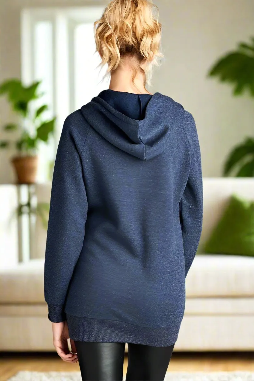 Womens Navy Blue Hoodie Sweatshirt, Front Pockets Pull Over, Sizes S/M/L, Solid Blue