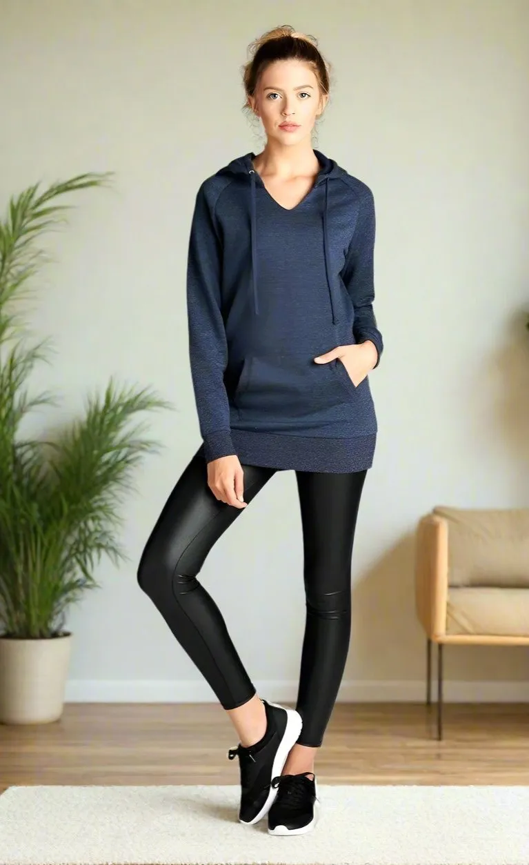 Womens Navy Blue Hoodie Sweatshirt, Front Pockets Pull Over, Sizes S/M/L, Solid Blue