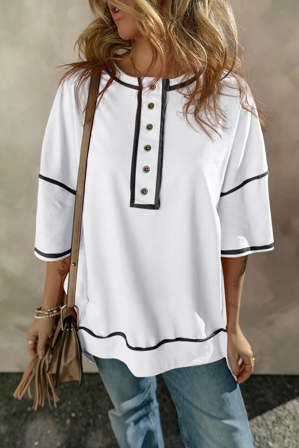 Women's Oversize T Shirts Casual Short Sleeve Henley Neck Summer Tops Tees