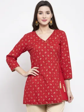 Women'S Red & Golden Foil Print Angrakha Tunic