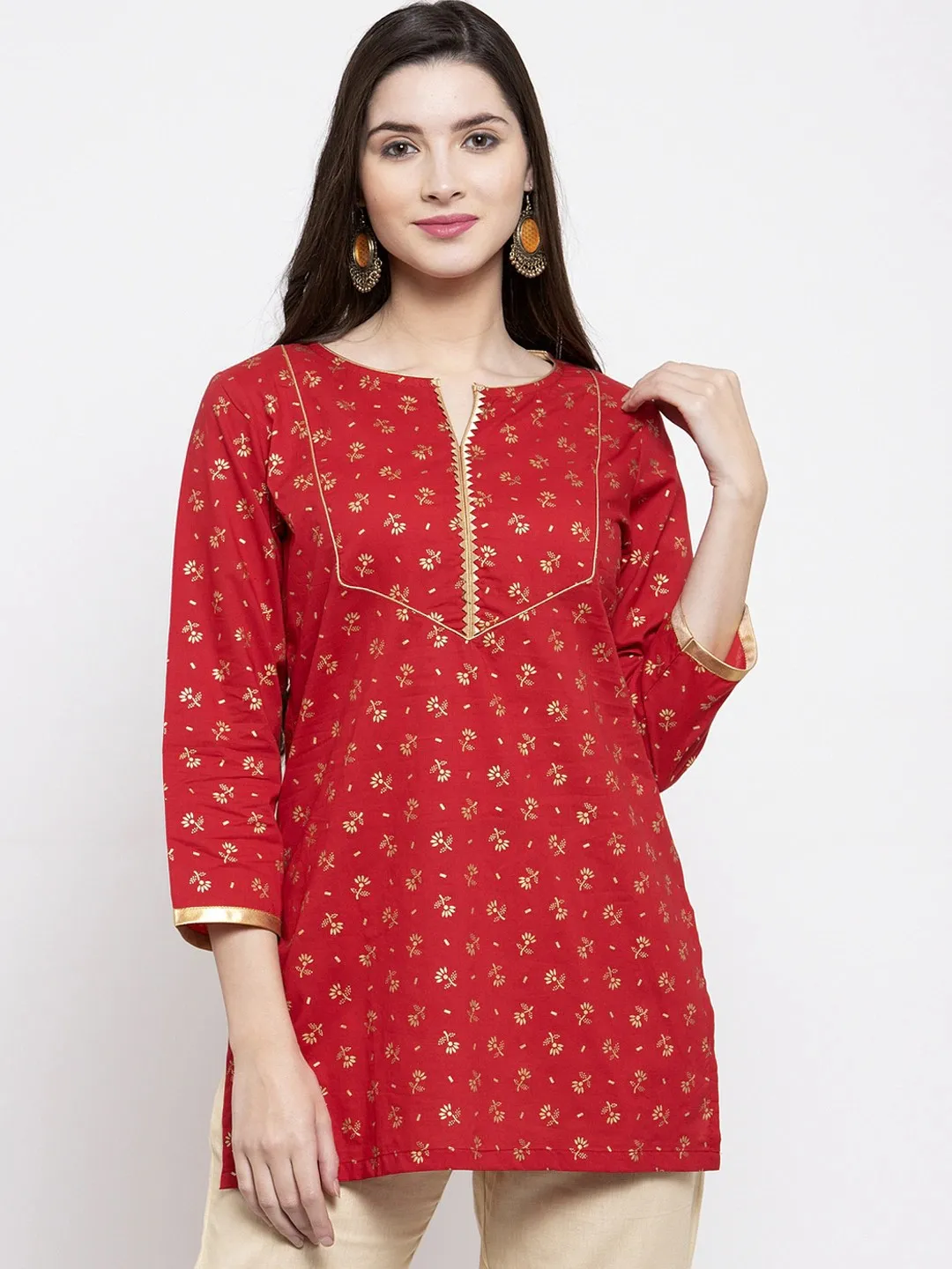 Women'S Red & Golden Foil Print Tunic