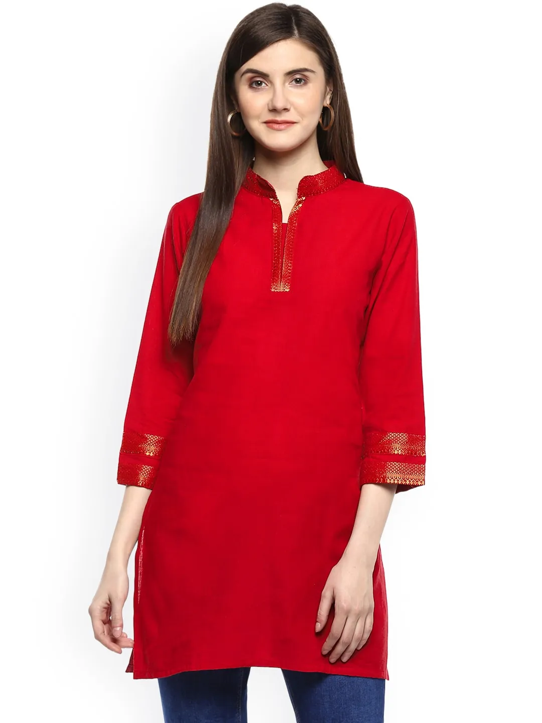 Women'S Red Handloom Mangalgiri Solid Tunic